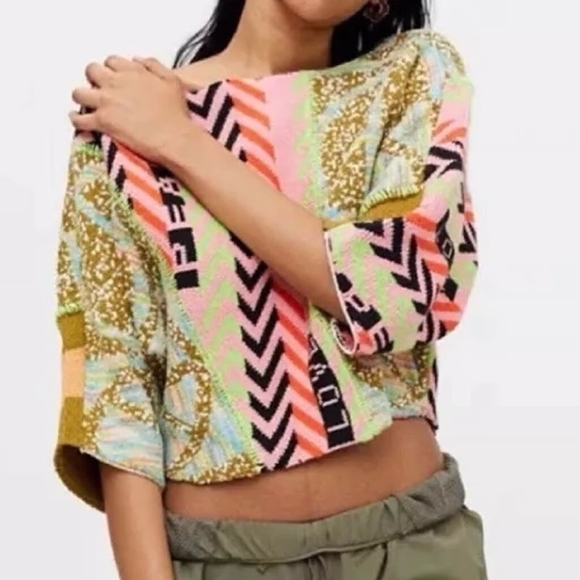 Urban Outfitters Sweaters - Urban Outfitters | Brianna Intarsia Knit Mixed Print Cropped Sweater Hippie M